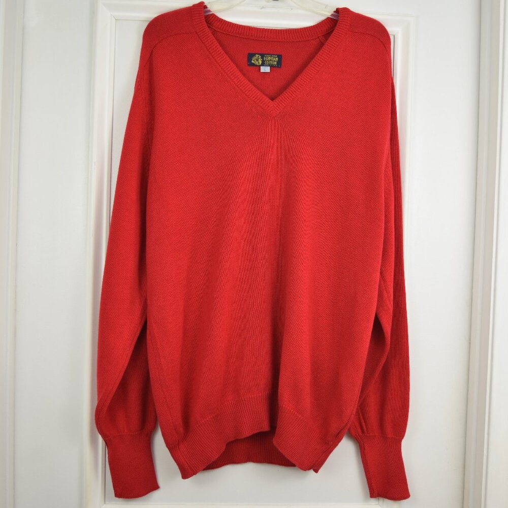 VTG Egyptian Cotton Pullover Sweater Men Large V Neck Red USA Made Golf Preppy
